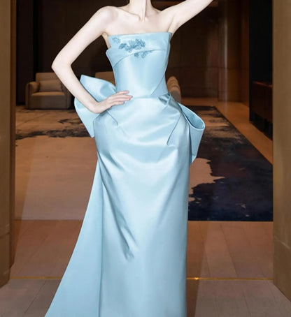 Satin Bow Tie Elegance Off-the-Shoulder Sleeveless Mermaid Prom Party Dress