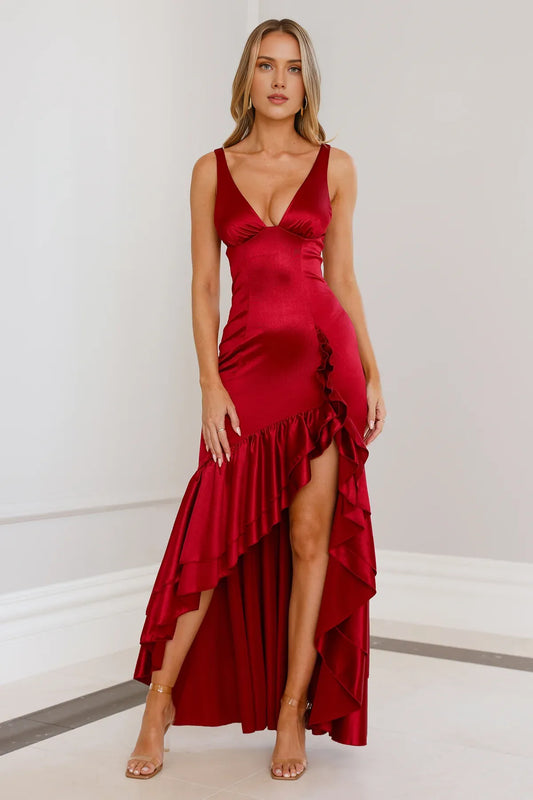 Satin Red Hight Low Ruffle A-line Deep V Neck Wide Straps Sleeveless Backless Prom Party Dress