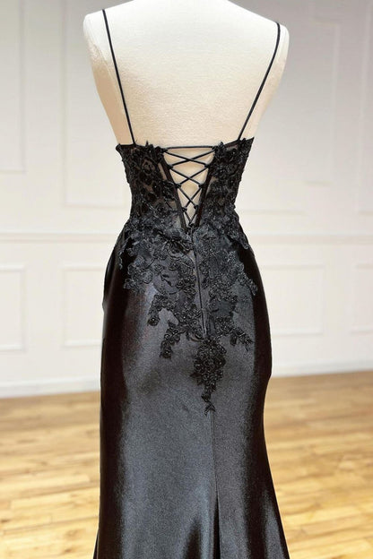 Weitese Sexy Black Mermaid Spaghetti Straps Lace Up Back Long Prom Dress With High Slit