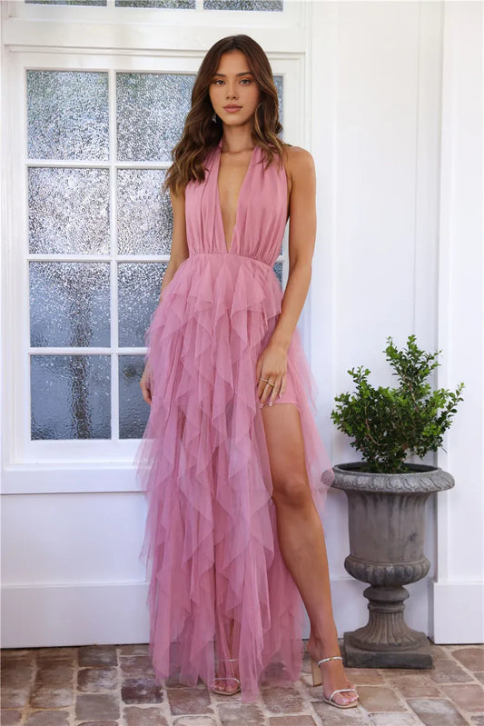 Sexy Off Shoulder Deep V Neck Ruffle A-line Sleeveless Backless Prom Party Dress