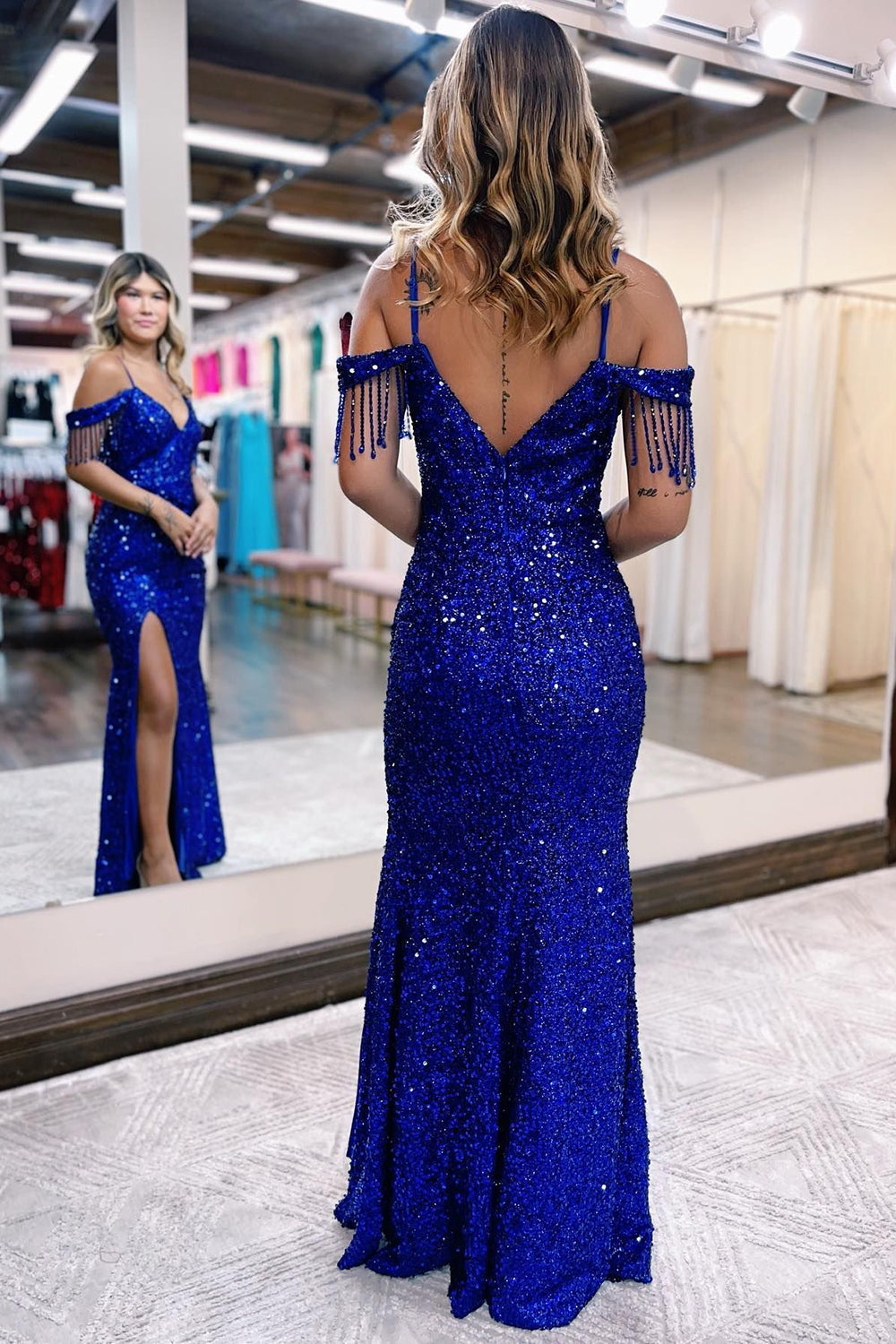 Weitese Sheath Off the Shoulder Royal Blue Long Prom Dress with Split Front