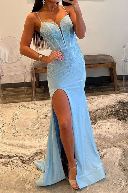 Weitese Glitter Light Blue Mermaid Lace Up Long Prom Dress With Slit And Beading