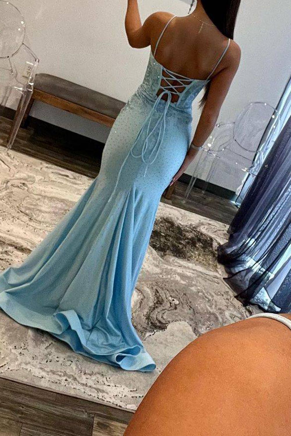 Weitese Glitter Light Blue Mermaid Lace Up Long Prom Dress With Slit And Beading