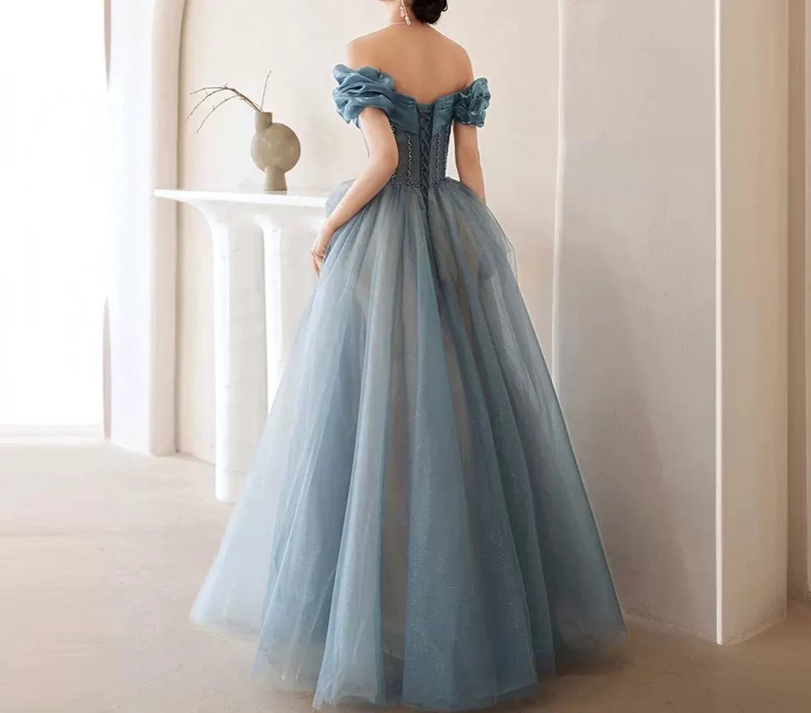 Shiny Blue Off Shoulder Evening Prom Gown Cocktail Dress Graduation Prom Dress Princess Dress Birthday Party Dress Prom Dress