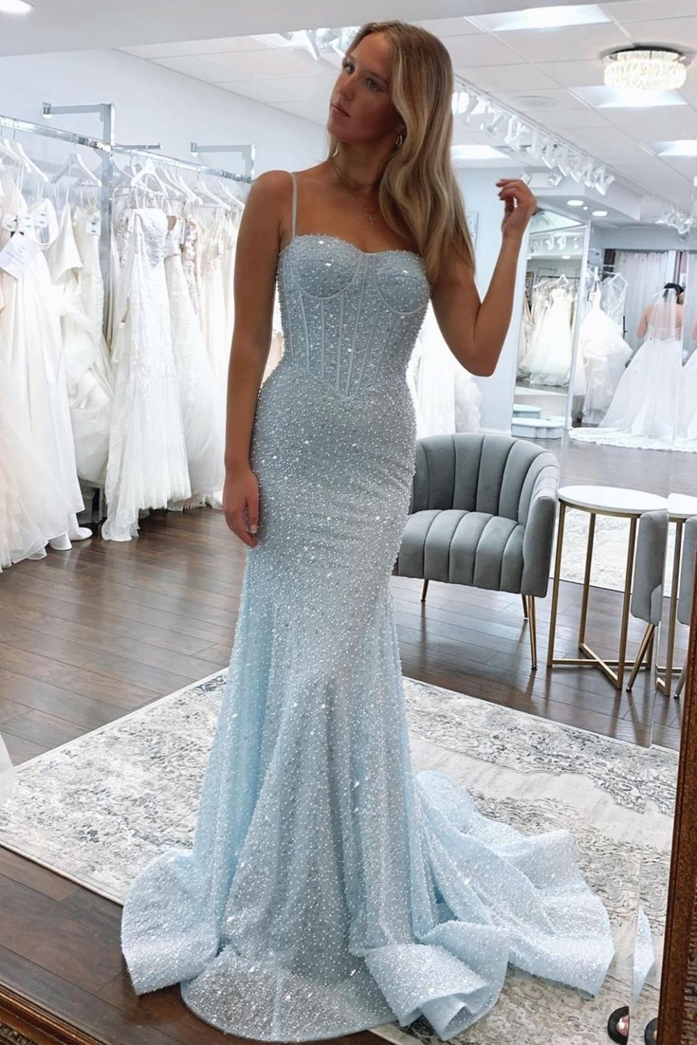 Weitese Shiny Light Blue Mermaid Spaghetti Straps Long Beaded Prom Dress