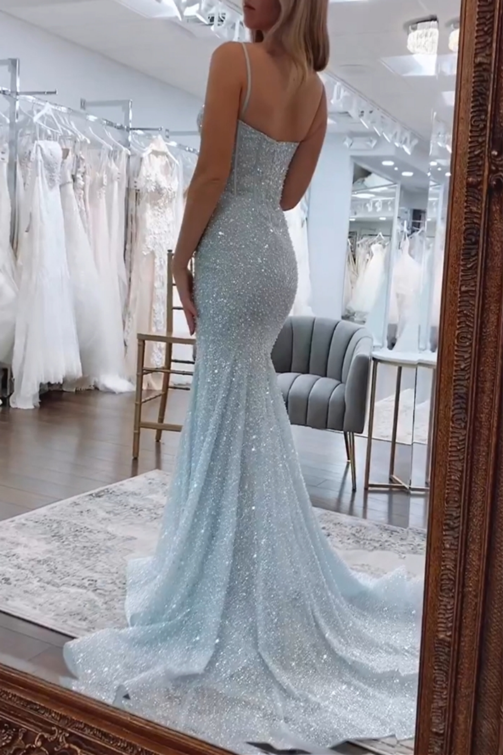 Weitese Shiny Light Blue Mermaid Spaghetti Straps Long Beaded Prom Dress