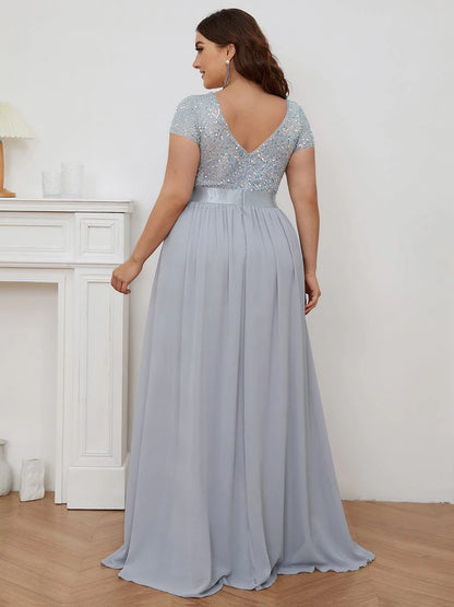 Weitese Plus Size Empire Waist V-Neck Cap Sleeve Chiffon Formal Evening Dress