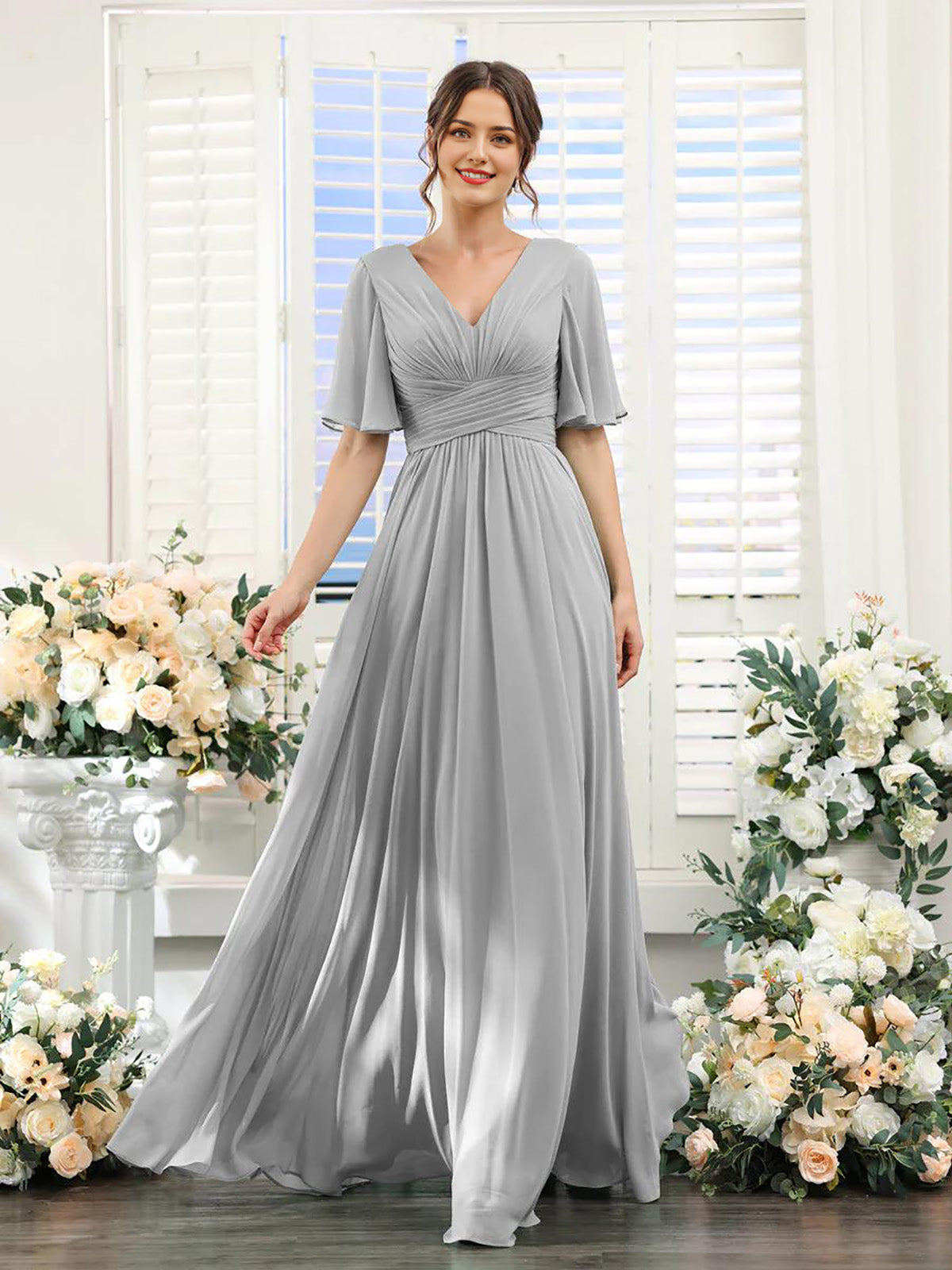 A-Line V-Neck Short Sleeve Bridesmaid Dress for Wedding Guest Long Chiffon Formal Party Dresses with Slit