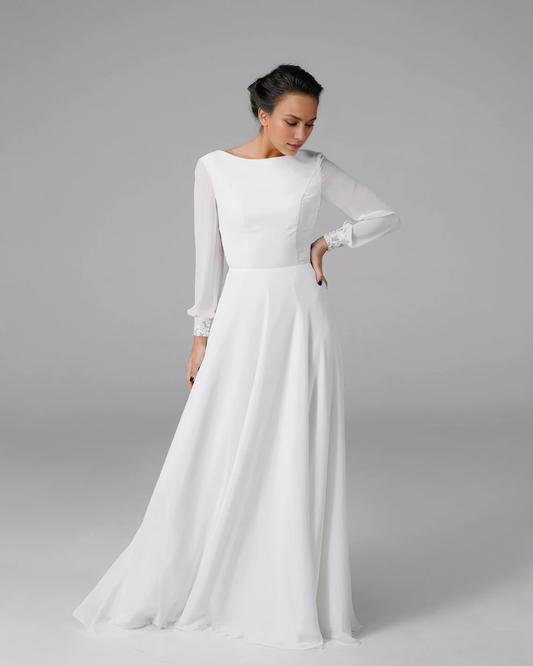 Simple A-line Wedding Dress Long Sleeves Backless Bride Dress