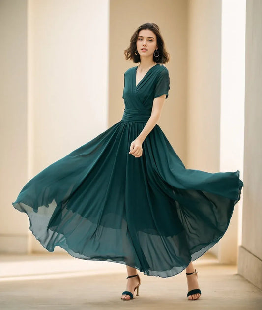 Simple Chiffon Short Sleeves A-line V Neck Bridesmaid Dress With Ankle Length