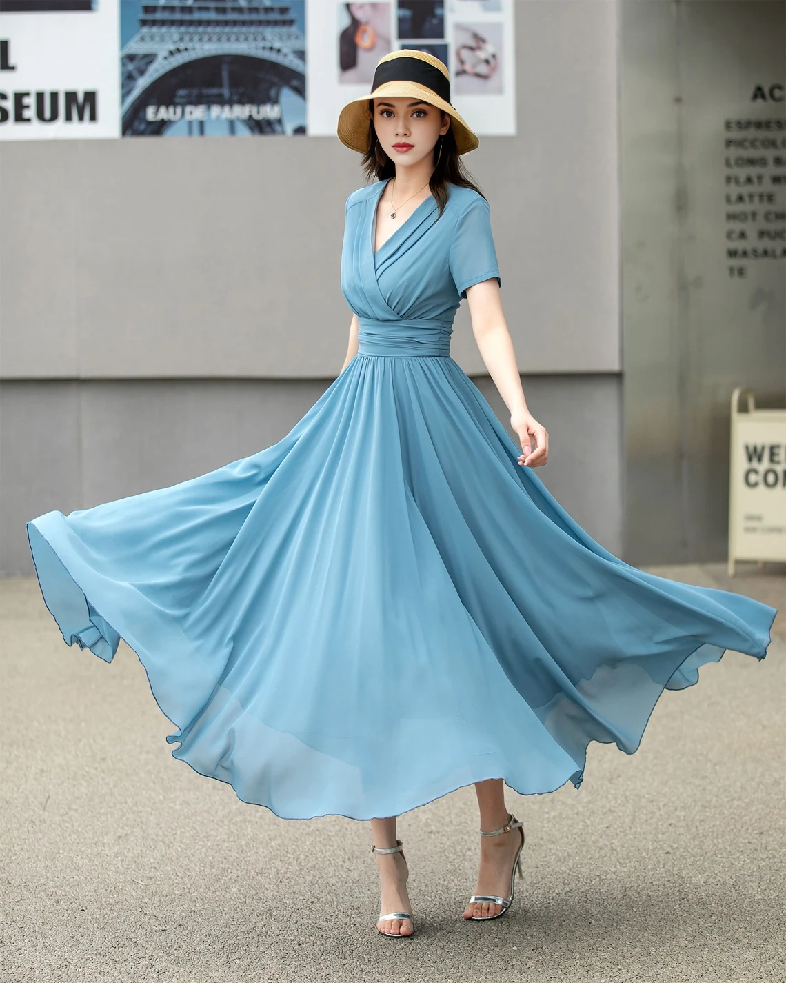 Simple Chiffon Short Sleeves A-line V Neck Bridesmaid Dress With Ankle Length