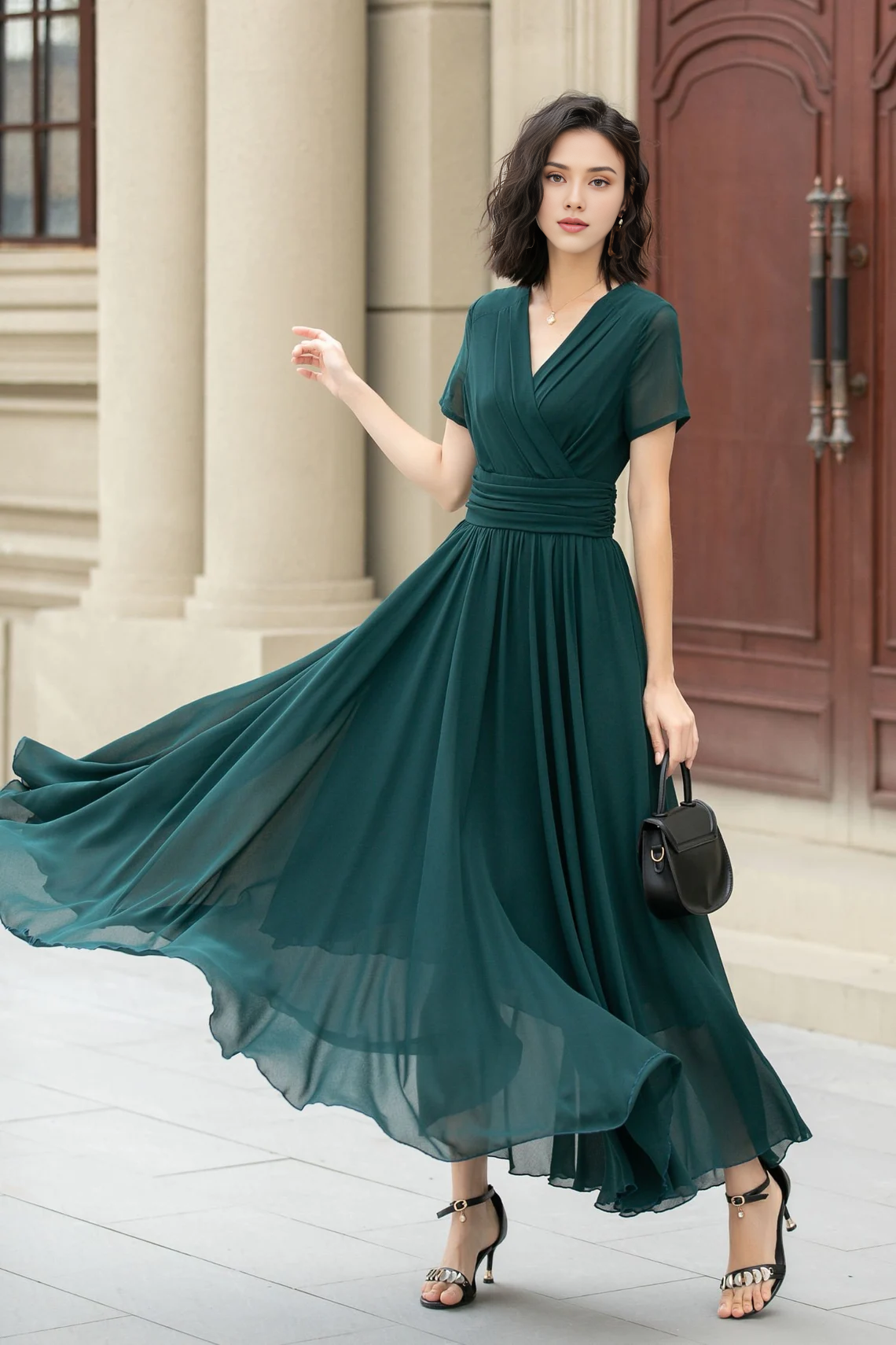 Simple Chiffon Short Sleeves A-line V Neck Bridesmaid Dress With Ankle Length