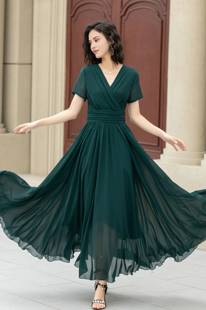 Simple Chiffon Short Sleeves A-line V Neck Bridesmaid Dress With Ankle Length