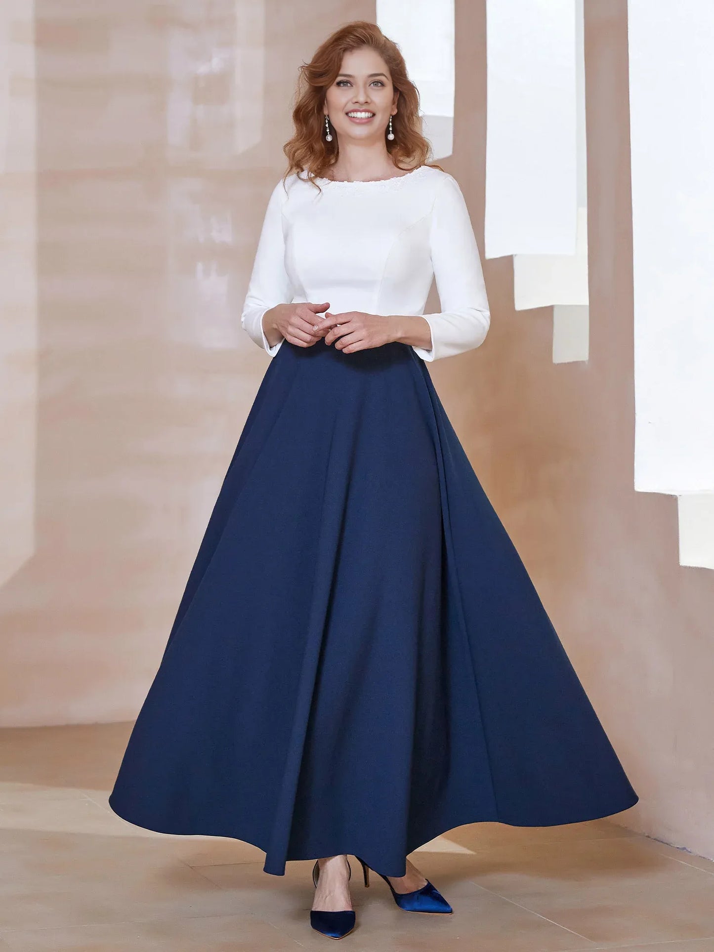 Simple Elegant Scoop Neckline Ankle Length Long Sleeves Mother of the Bride Dress