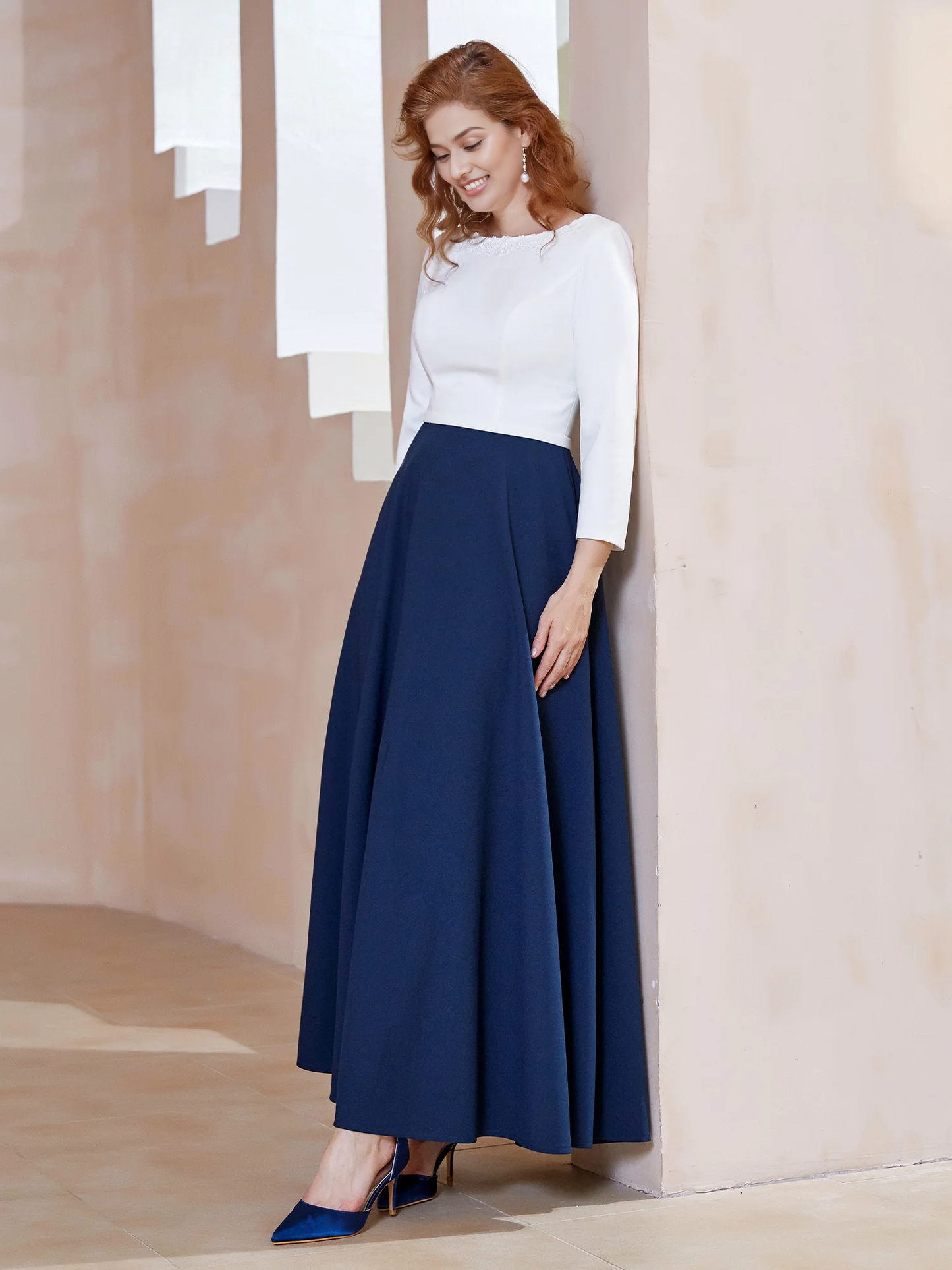 Simple Elegant Scoop Neckline Ankle Length Long Sleeves Mother of the Bride Dress