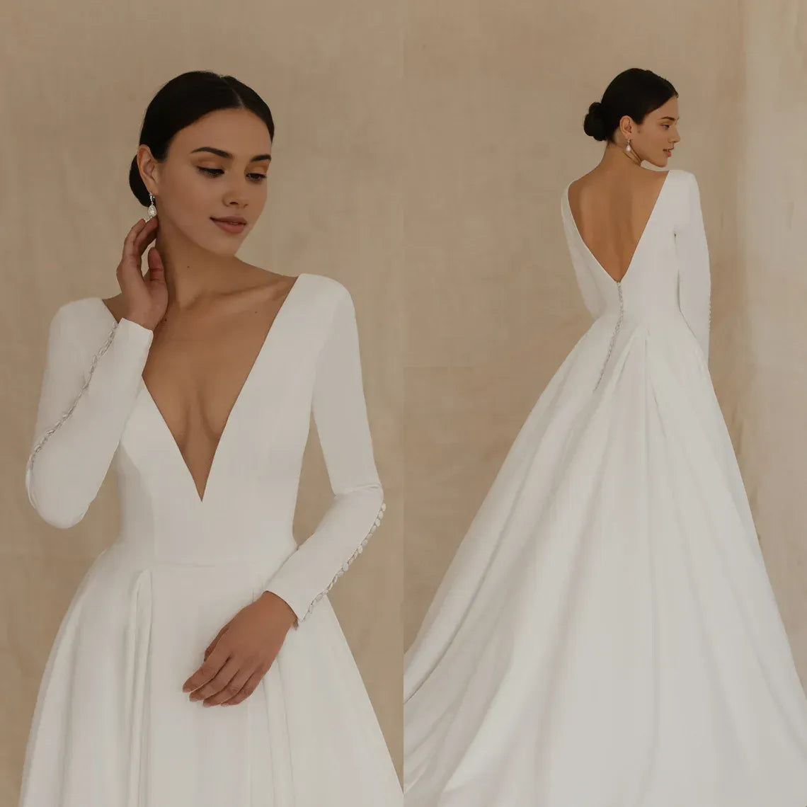 Simple Long Sleeves Deep V Neck Open Back A-line Bridal Wedding Dress With Train