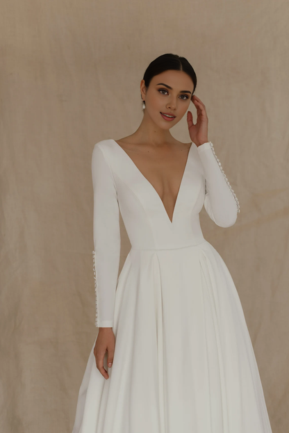 Simple Long Sleeves Deep V Neck Open Back A-line Bridal Wedding Dress With Train