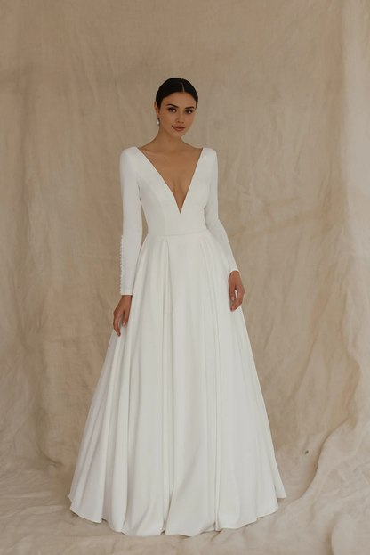 Simple Long Sleeves Deep V Neck Open Back A-line Bridal Wedding Dress With Train