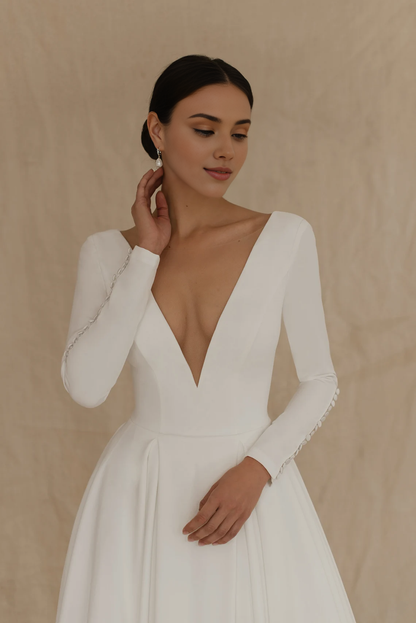 Simple Long Sleeves Deep V Neck Open Back A-line Bridal Wedding Dress With Train