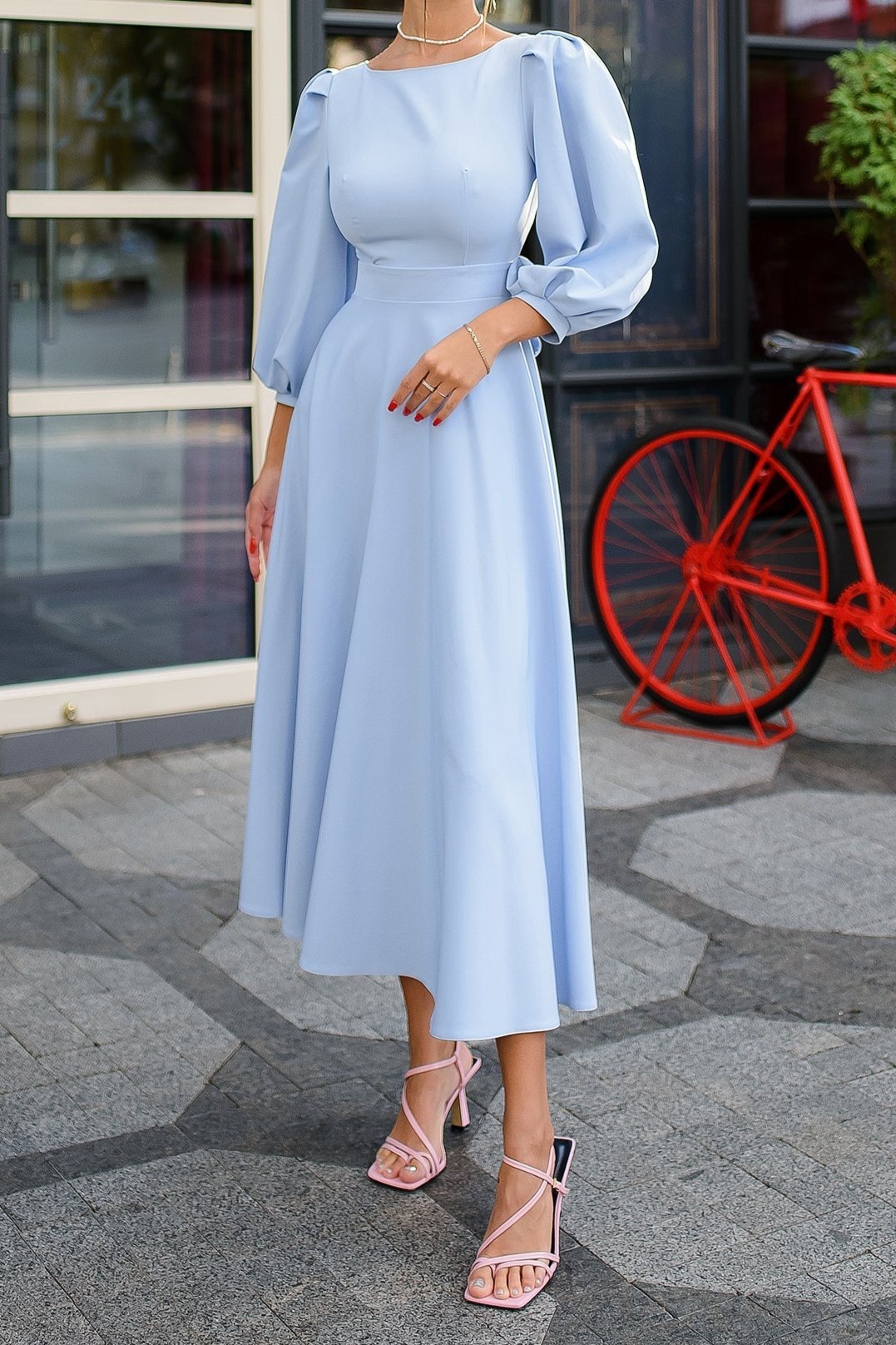 Sky-Blue Backless Round Neck Ankle Length Short Puff-Sleeve Party Dress Prom Dress