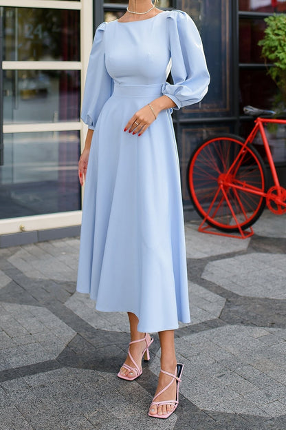 Sky-Blue Backless Round Neck Ankle Length Short Puff-Sleeve Party Dress Prom Dress