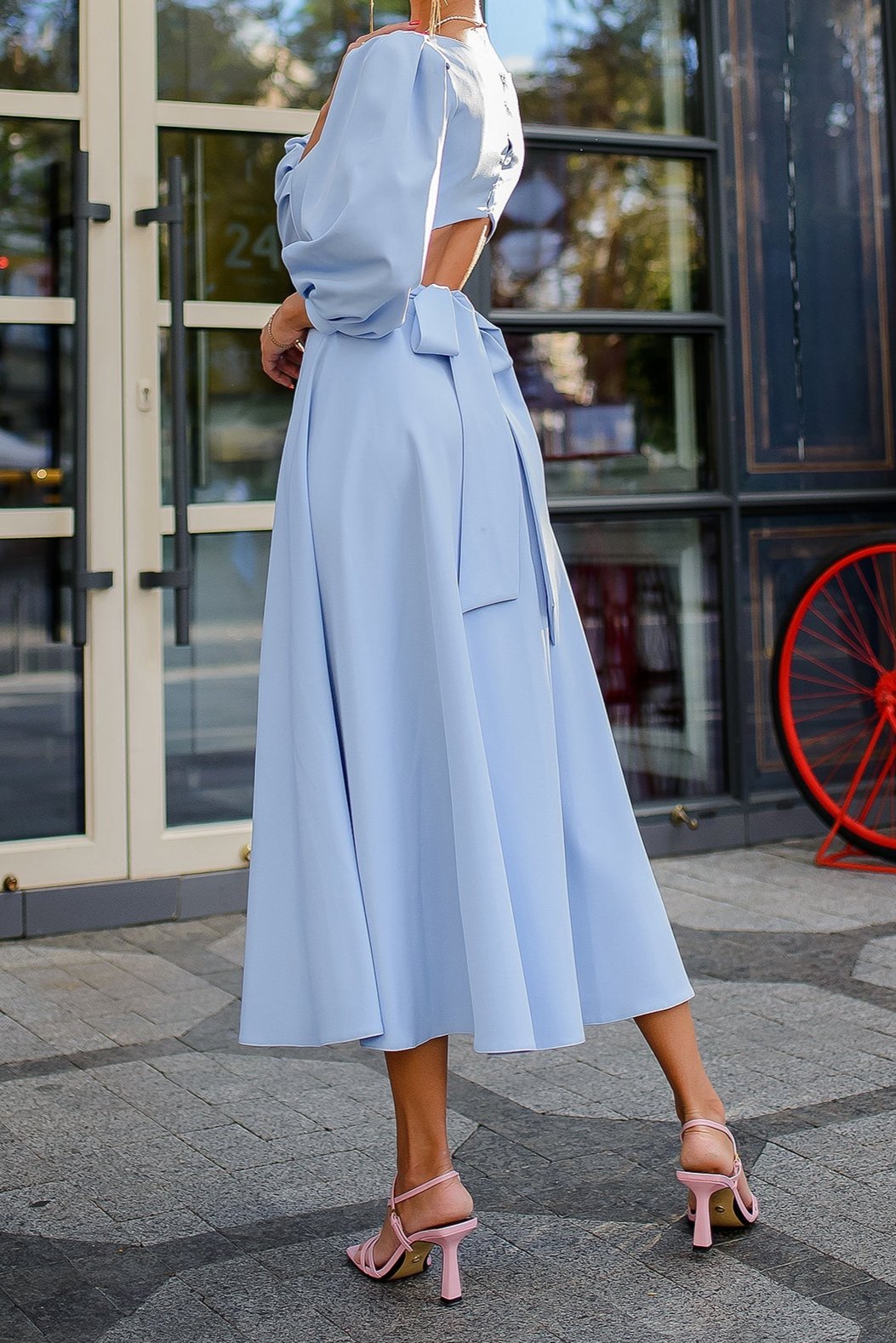 Sky-Blue Backless Round Neck Ankle Length Short Puff-Sleeve Party Dress Prom Dress