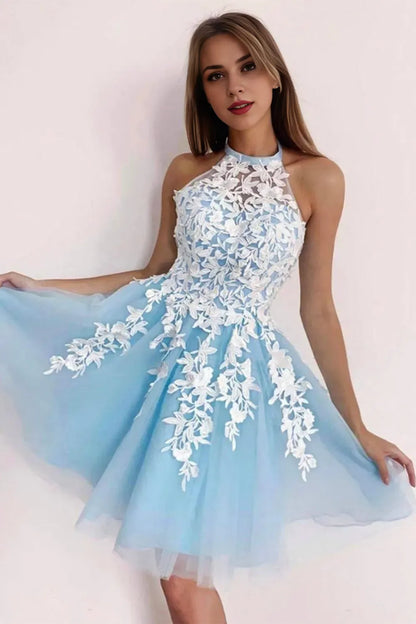 Sleeveless Halter Backless Short Homecoming Dress With Applique