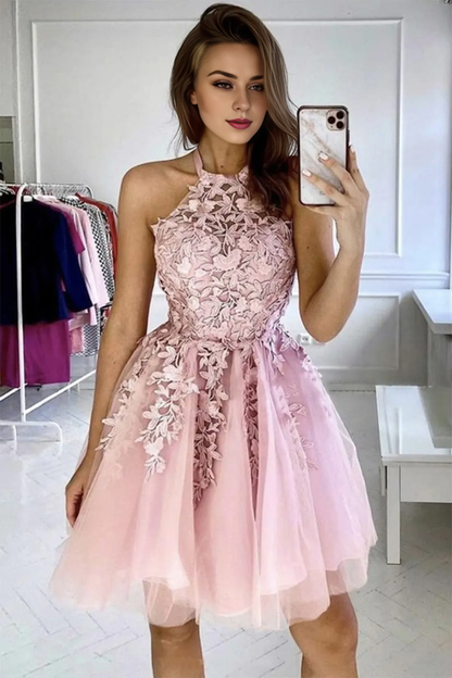 Sleeveless Halter Backless Short Homecoming Dress With Applique