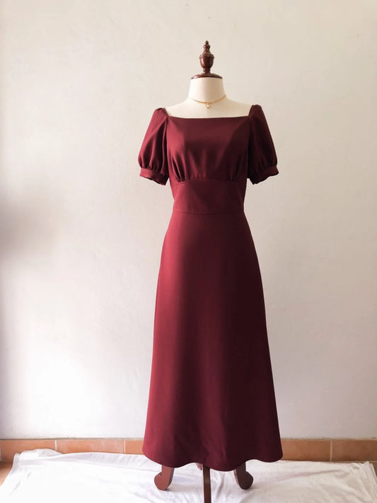 Snow White Dress Square Neck Burgundy Party Puff Sleeve Vintage Majestic Prom Graduation Bridesmaid Dress