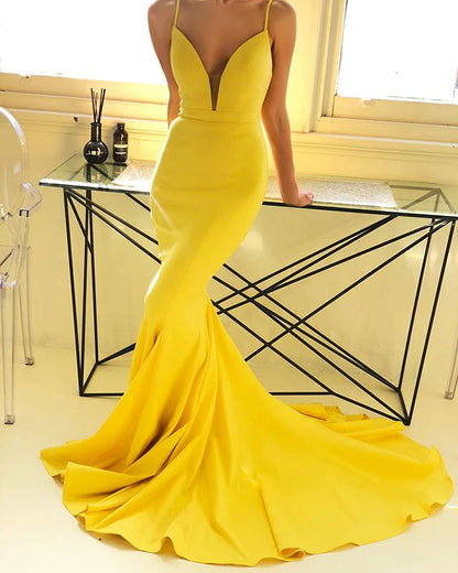 Spaghetti Straps Backless Mermaid Long V Neck Yellow Prom Party Dresses With Train