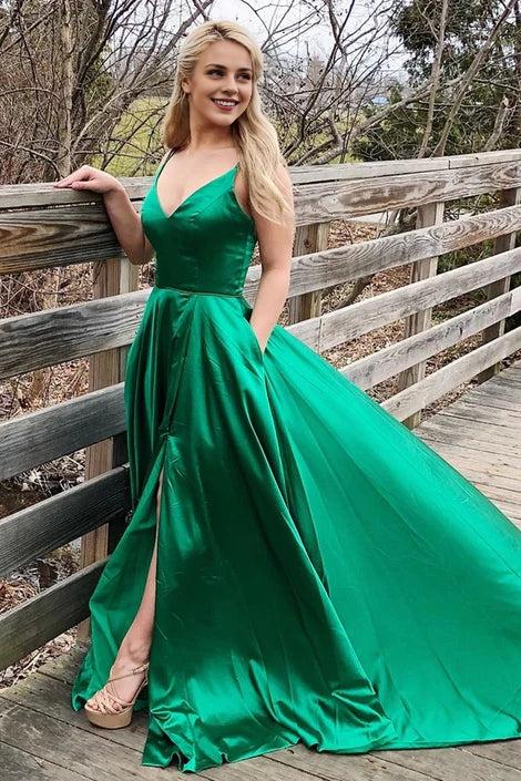 Spaghetti Straps Backless Simple V Neck Green Long Train Prom Party Dresses With Slit