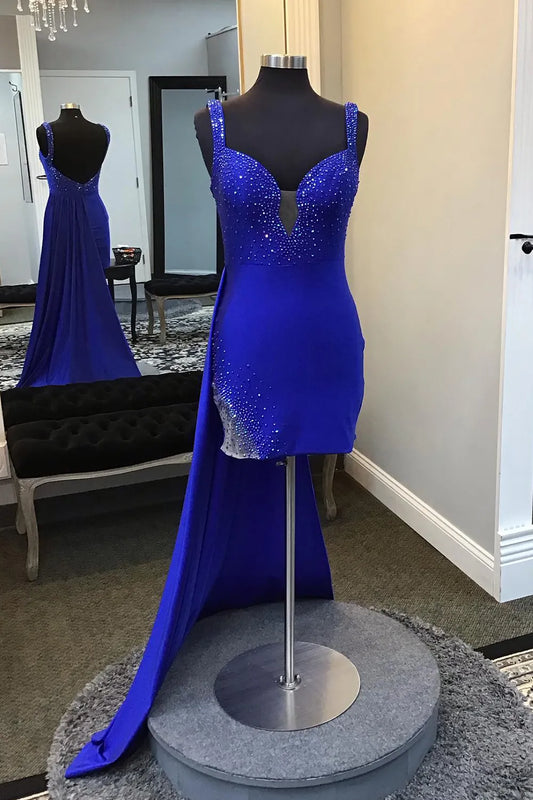 Spaghetti Straps Beaded Bodycon Homecoming Dress with Open Back