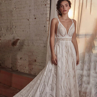 Spaghetti Straps Gorgeous Train Bohemian Lace Wedding Dresses With Detachable Sleeves