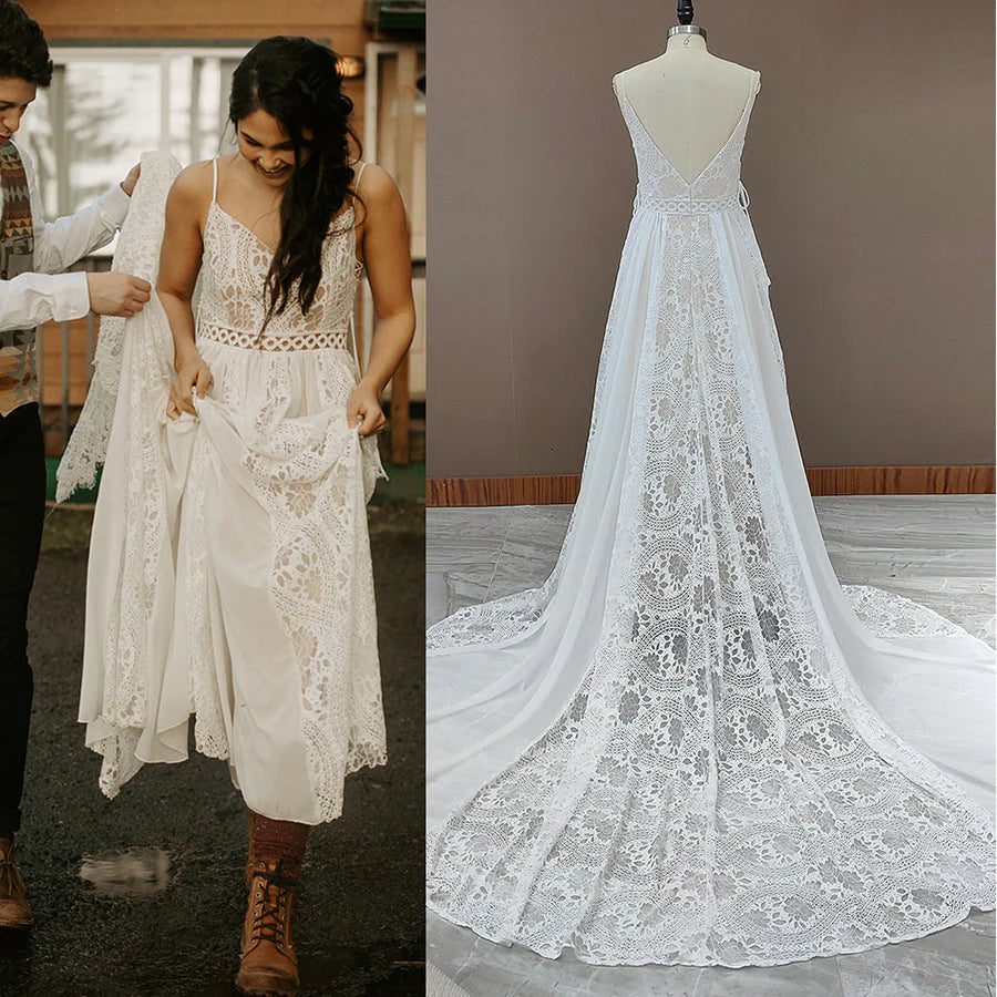 Spaghetti Straps Lace V Neck Beach Simple Bohemian Wedding Dresses With Train