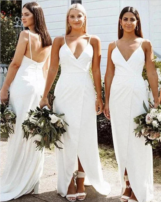 Spaghetti Straps Simple V Neck Sleeveless Boho Bridesmaid Dresses