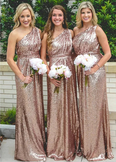 Sparkly Floor Length One shoulder Long Sequins Bridesmaid Dresses