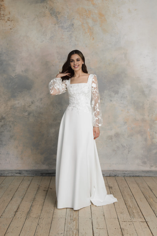 Square Neck Wedding Dress With Puff Long Sleeves Flower Lace A Line Wedding Dress Floor Length With Train