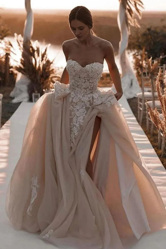 Strapless Gorgeous A Line Sweetheart Long Wedding Dress with Appliques