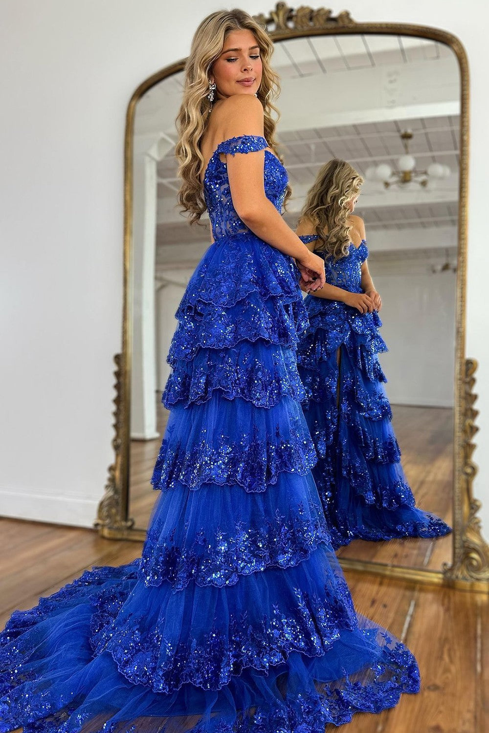 Weitese Stunning Glitter A-Line Off The Shoulder Long Tiered Prom Dress With Split