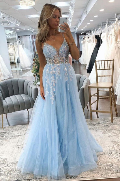 Weitese Stunning Light Blue A-Line Spaghetti Straps Long Tulle Prom Dress With Appliques