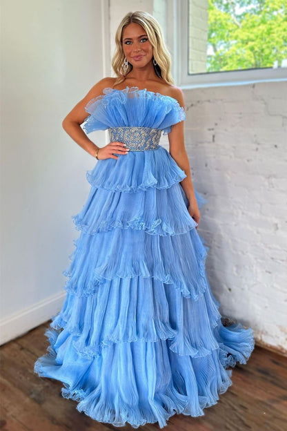 Weitese Newly Blue A Line Strapless Long Tiered Prom Dress With Beaded Belt