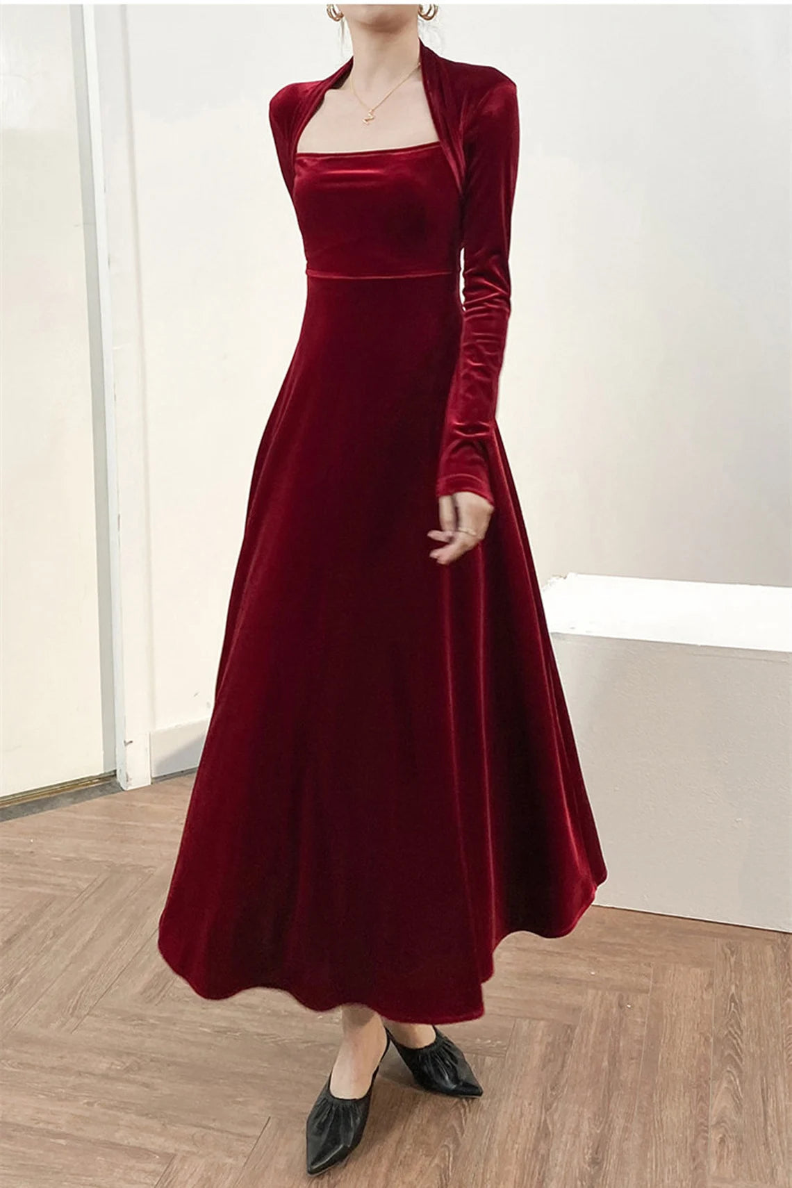 Sweetheart Neck Velvet Dress for women Bridesmaid Dress Fall Winter Long Sleeve Maxi Dress Plus Size Party Dress Formal Dress