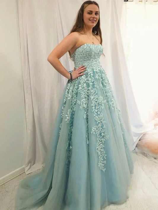 Sweetheart Strapless Off-the-Shoulder Lace Prom Party Dresses With Applique