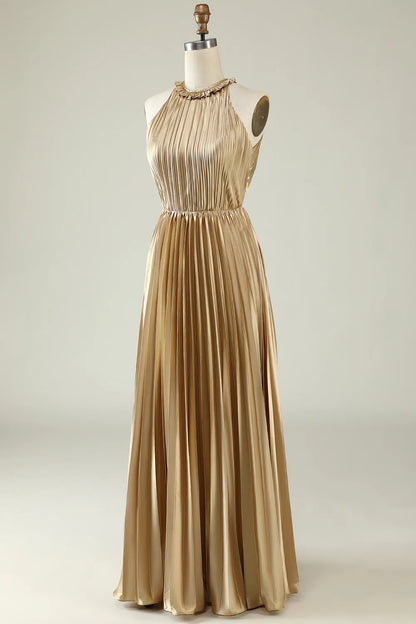 A-Line Light Yellow Pleated Long Bridesmaid Dress