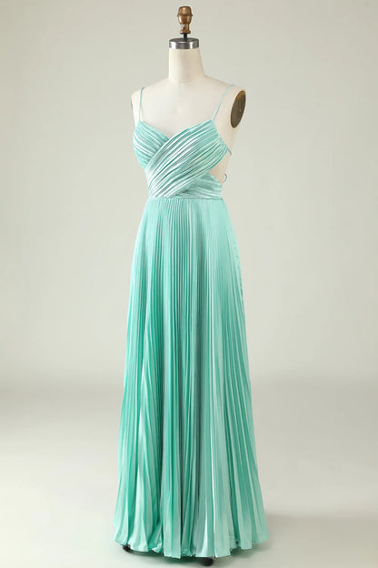 Spaghetti Straps Pleated Long Bridesmaid Dress