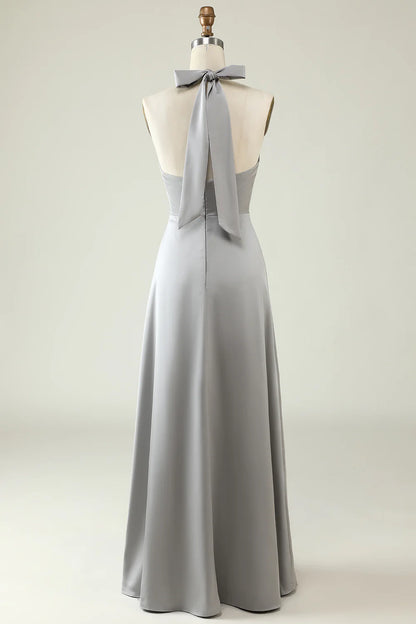 A Line Halter Neck Long Bridesmaid Dress With Slit