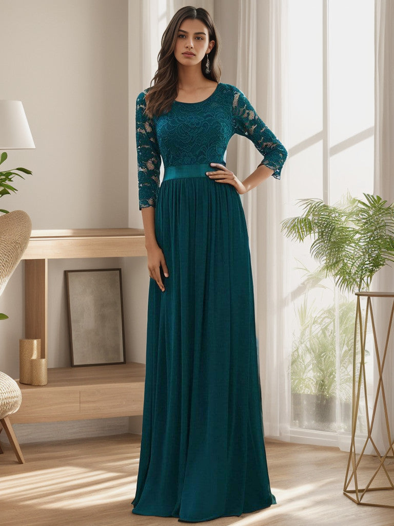 Weitese See-Through Floor Length Lace Chiffon Evening Dress with Half Sleeve