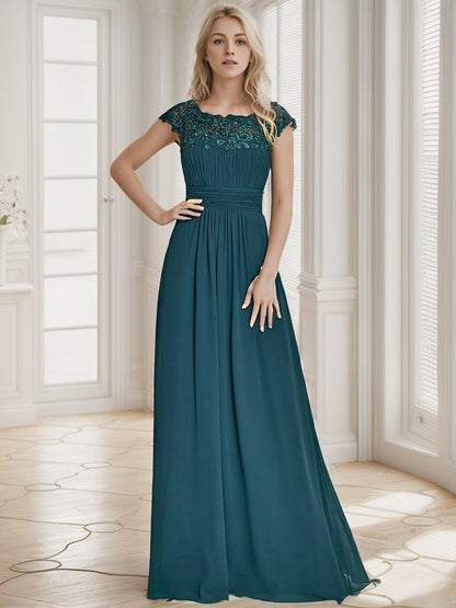 Weitese Classic Maxi Long Lace Cap Sleeve Bridesmaid Dress