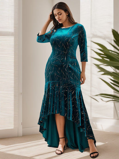 Weitese Elegant Plus Size Bodycon High-Low Formal Velvet Party Dress