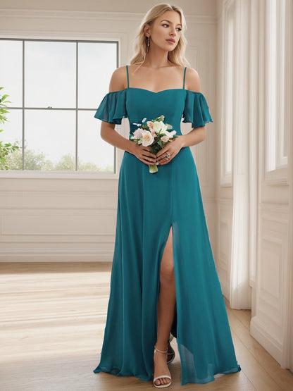 Weitese Chiffon Off-The-Shoulder Side Slit Bridesmaid Dress with sleeves